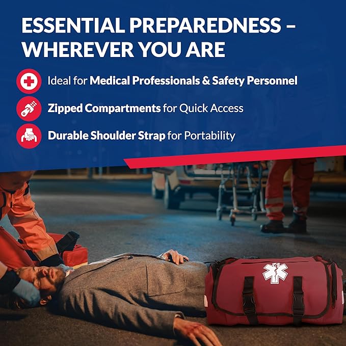 First Responder Trauma First Aid Kit Bag ??Fully Stocked Emergency Medical Kit for Workplace, Vehicle & Home ??OSHA & ANSI Compliant ??Portable ??Red