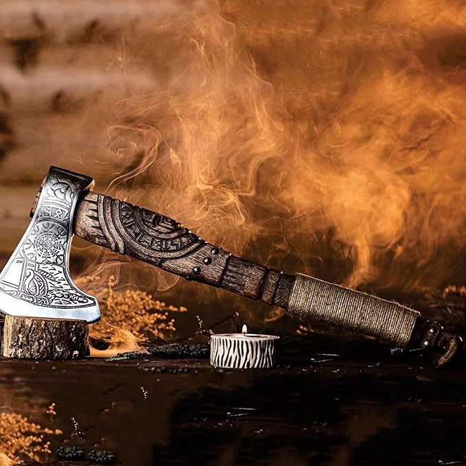 Viking Axe Forged High Carbon Steel Viking Axe | Balanced Ax | Odin Norse Bearded Axe | Camping Hatchet Axe | Sheath Included Handcrafted Ash Wood Shaft | Viking Gifts for Men