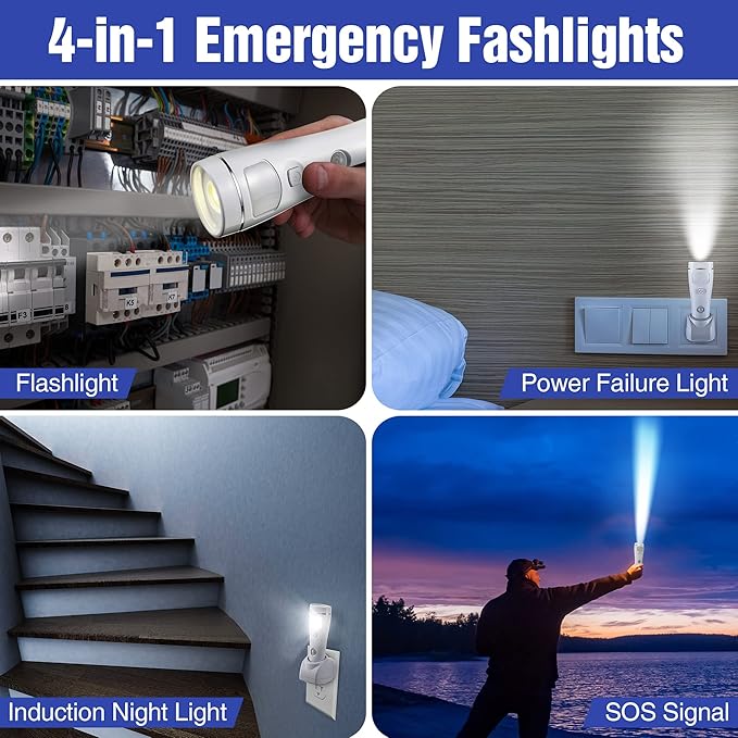 Enhon 4 in 1 LED Emergency Lights for Home Power Failure, 4 Pack Rechargeable Plug in Flashlight Motion Sensor Night Light, Automatic Turn On Power Outage Light for Home Hurricane Supplies(White)