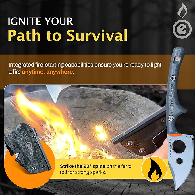 Contour Feather Survival and Culinary Knives ??VG10 Steel Fixed Blade with Fire Starter, Hex Driver, Knife Sharpener, Sheath & Built in Whistle - Built For Camping & Outdoor Adventure