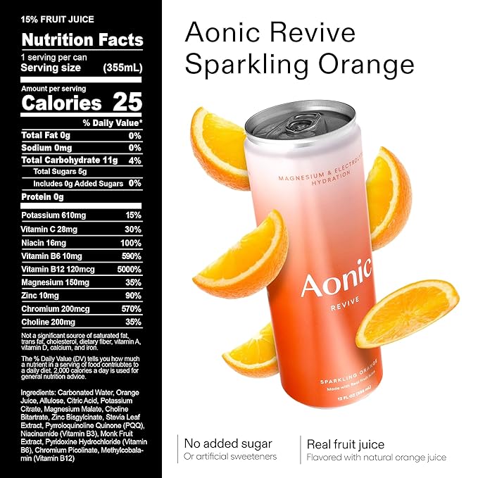 Aonic Revive Electrolyte Drink for Hydration & Recovery, No Added Sugar, Caffeine-Free with Magnesium,B Vitamins Naturally Flavored- 12 Fl Oz Cans (12-Pack), Variety - Pineapple, Raspberry, Orange & Passionfruit