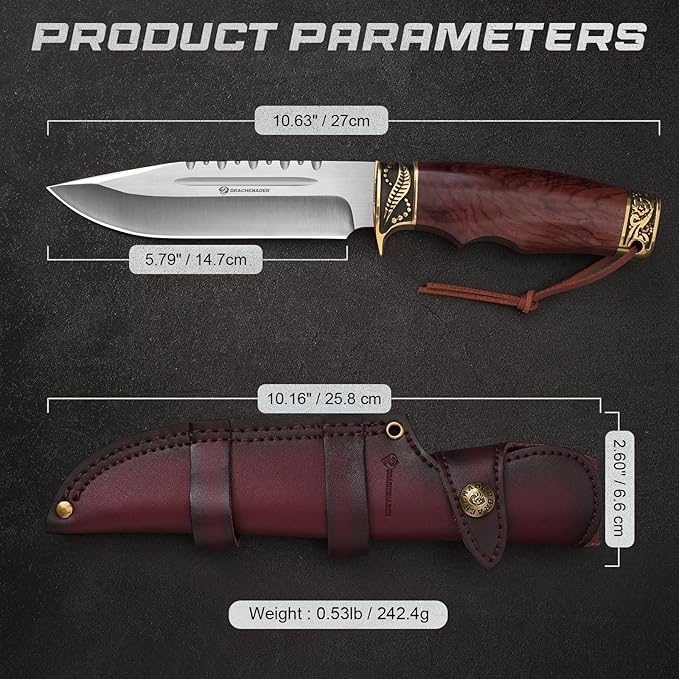Fixed Blade Hunting Knife with Horizontal Leather Sheath YU-LN, 10.63" Bushcraft Knife for Men with Wood Handle, Gift for Men