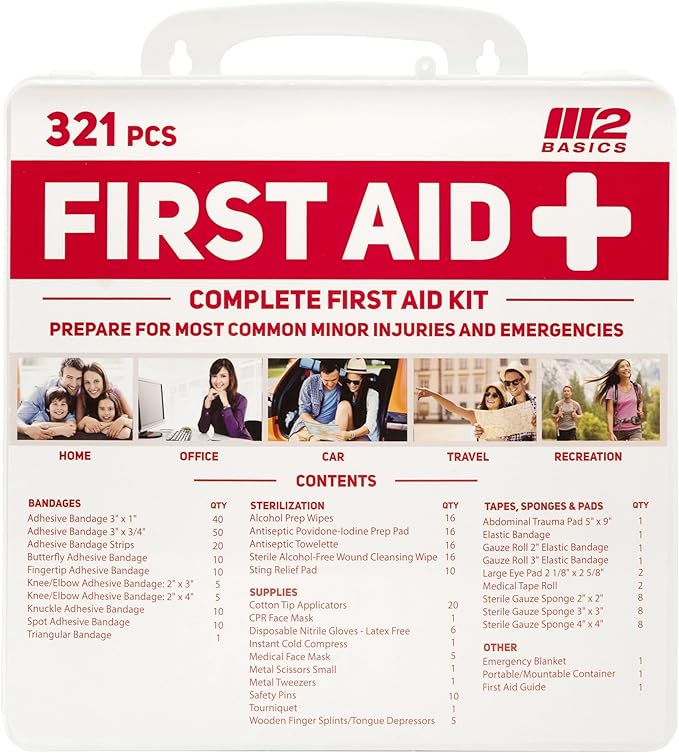 M2 BASICS Premium 321 Piece First Aid Kit - First Aid Kit for Home, Car, Business, Office, School, Travel, Camping, Outdoors - Emergency Medical Supplies, Durable Portable Hard Case