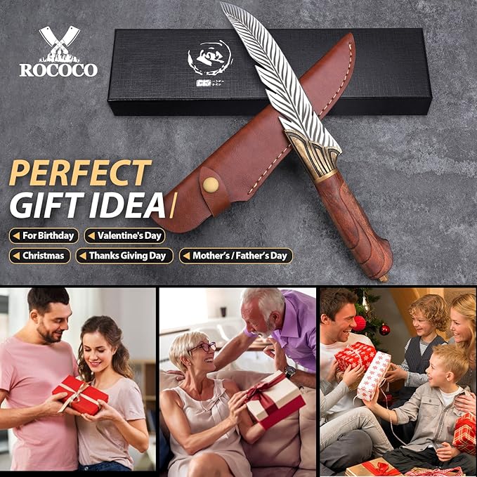 ROCOCO Feather Viking Knife Japanese Boning Knife with Sheath Outdoor Camping BBQ Collection Birthday Father Mother Christmas Gift Idea Men 6.5"