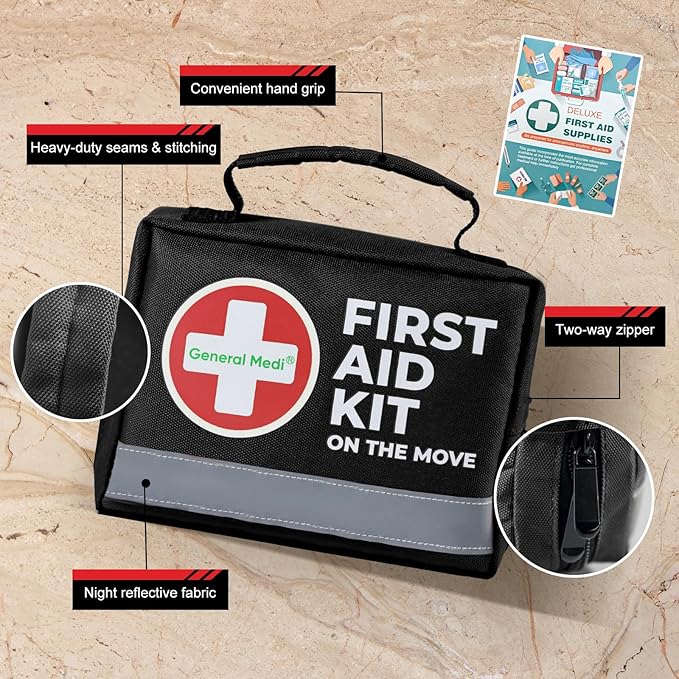 General Medi First Aid Kit - 150 Pieces Small Compact First Aid Kit Bag - Includes Instant Cold Pack, Emergency Blanket for Travel, Home, Office, Vehicle, Camping