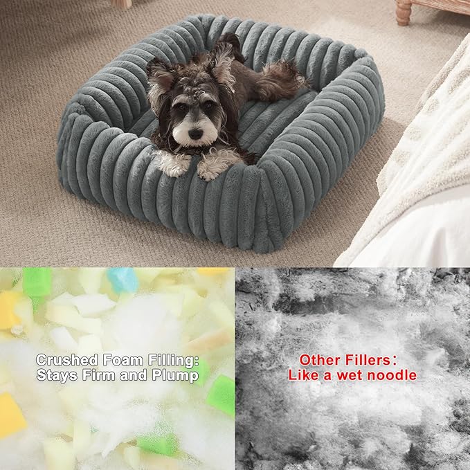 Dog Beds for Small Medium Dogs, Washable Orthopedic Pet Bed with Removable Cover, Rectangle Soft Calming Sleeping Puppy Bed Durable Pet Cuddler with Anti-Slip Bottom, 25"x21"x7" Grey