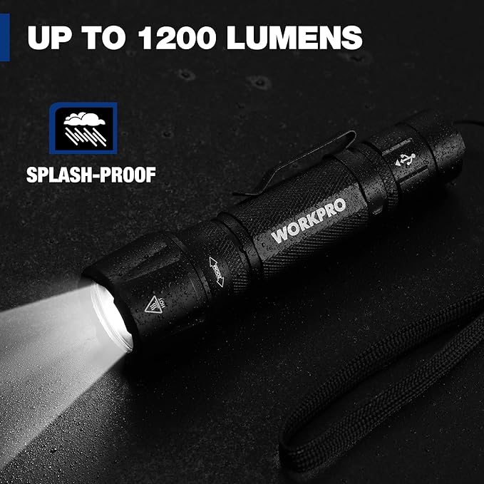 WORKPRO 1200LM Rechargeable Tactical Flashlight, EDC Mini Flashlight, Pocket Flashlight with Clip & Lanyard, 7 Light Modes, Zoomable Adjustable Focus, Includes Lithium Battery & Alkaline Battery