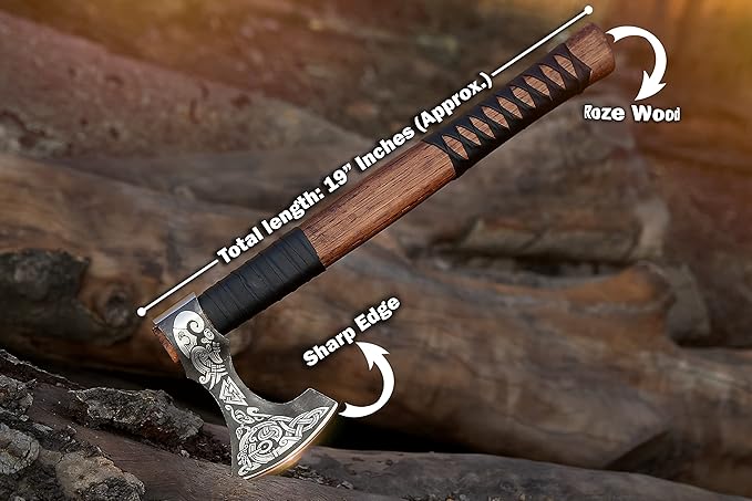 Viking Axe – 19 Inch Rosewood Handle Camping with Leather Sheath, Throwing Axes and Tomahawks, Wood Splitting Axe, Bushcraft - Gift for Father’s Day, Husband (Erik) BLACK