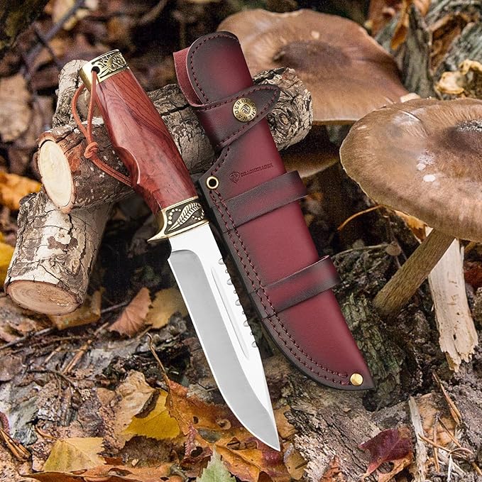 Fixed Blade Hunting Knife with Horizontal Leather Sheath YU-LN, 10.63" Bushcraft Knife for Men with Wood Handle, Gift for Men