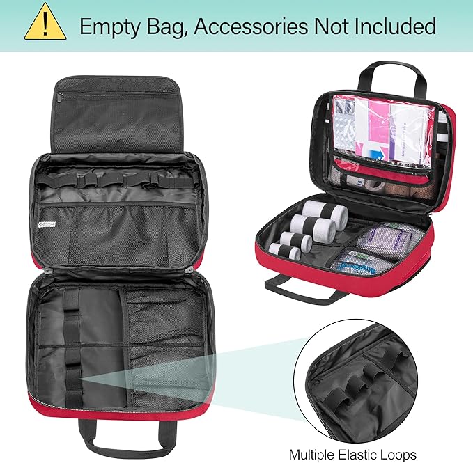 CURMIO Medical Storage Bag, Empty Emergency Kit Bag with Multiple Pockets, Portable First Aid Kit for Home Health Care Supplies, Travel, Camping, Red, Bag Only