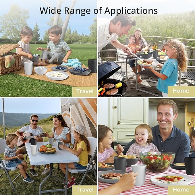 Plastic Camping Plates and Bowls Set, 12pcs Unbreakable Camping Dinner Set for 4, Reusable, Microwave & Dishwasher Safe Dinner Set, for Kitchen Outdoor Travel Picnic