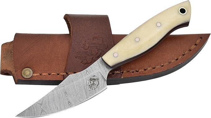 Knives Ranch Handmade EDC Fixed Blade Hunting Knife ??Forged Damascus Steel ??Bone Handle ??Horizontal Carry Sheath ??Outdoor Cowboy Knife (3180-B)