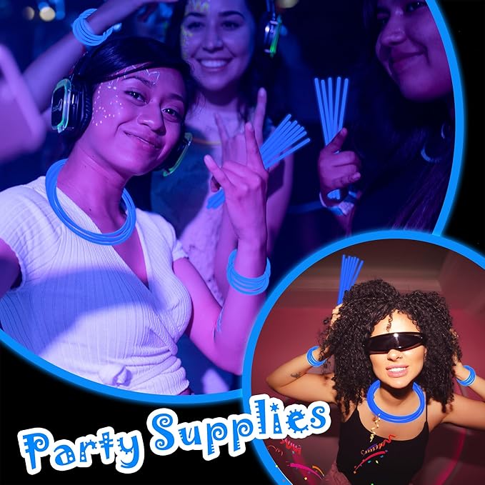 100 pk 8" Glow Sticks Bulk Party Favors, Light up Glow Necklaces & Bracelets in the Dark Party Supplies For Christmas Halloween 4th of July Birthday Neon Party (100 * Blue)