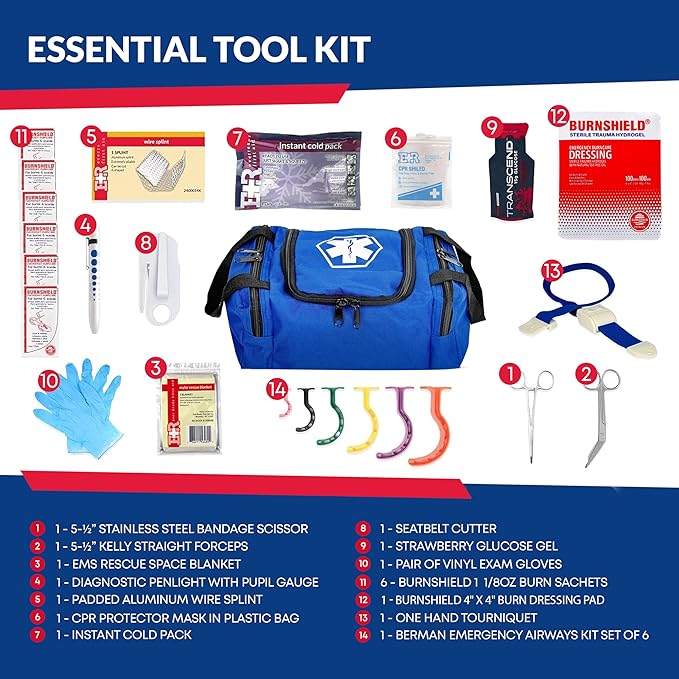 Fully Stocked Trauma First Aid Kit ??First Responder II Bag with Tools, Gauze, Bandages, Scissors & Gloves ??Compact & Portable ??OSHA and ANSI Compliant ??Blue