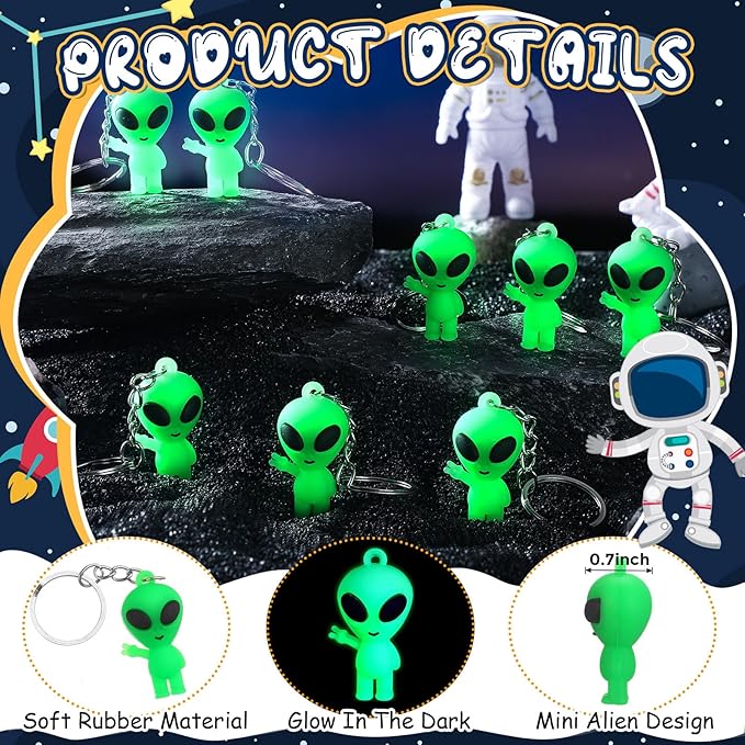12 Pcs Alien Party Favors Alien Keychains Glow in The Dark Space Keychain Mini Aliens Figures Little Bulk Gift Prizes Goodie Bag Piñata Halloween Stuffers for Music Festival Easter (Green)