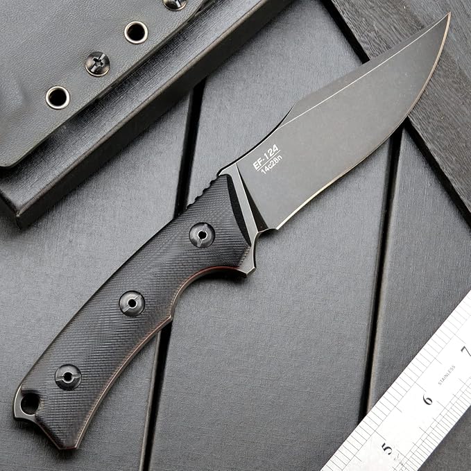 Eafengrow EF124 Fixed Blade Knife 14c28n Steel Blade Coated Black Titanium, G10 Handle Fixed Knife for Outdoor Camping Hunting Survival EDC Tool Knives with Kydex Sheath(Black)