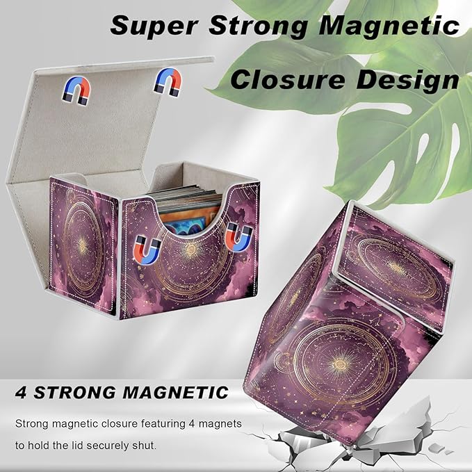 Card Game Storage Box TCG Deck Box MTG Card Box Organizer Trading Card Case Commander Deck Box TCG Card Storage Box Magnetic Closure Creative Pattern Up to 200 Cards, Purple Constellation Compass