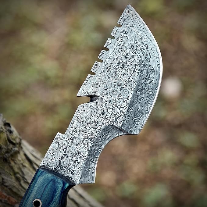 9.5" Handmade Damascus Knife with Leather Sheath | Ultimate Outdoor Ally | Damascus Steel Blade with Blue Micarta Handle | Blue Handle with Sheath Included | Unrivaled Camping Excellence