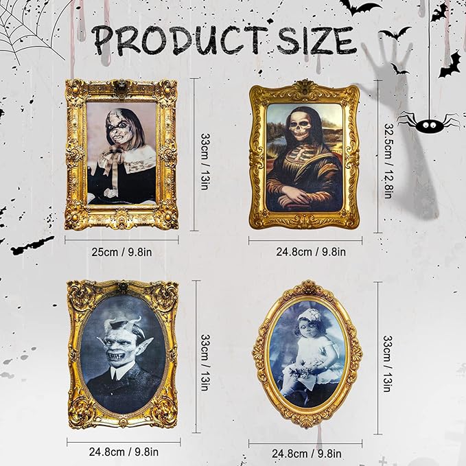 ECGER Halloween Decorations Indoor, Haunted Scary Decor - 3D Changing Face Pictures, Vintage Moving Wall Portraits Frame, For Horror Spooky Party Mansion Castle House Home Decoration(4 Pieces)