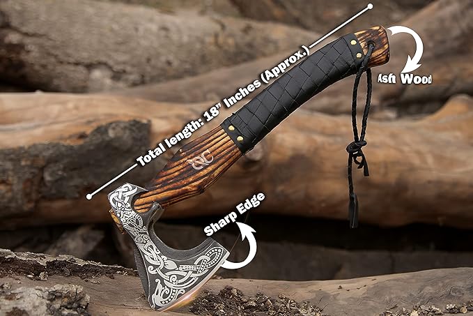 Viking Axe - Premium Carbon Steel Hatchet Axes with Leather Sheath – 19 Inch Rosewood Handle Bushcraft for Camping, Wood Splitting, Gift for him(Medivial Axe)