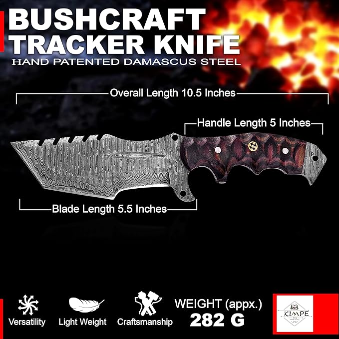 KIMPE 10.5?™â€?Damascus Hunting Knife with Leather Sheath-Fixed Blade EDC Knife-Bushcraft Knives-Wood Handle-Best Camping & Survival Knives-Knives for Men. (Micarta Red & Black)