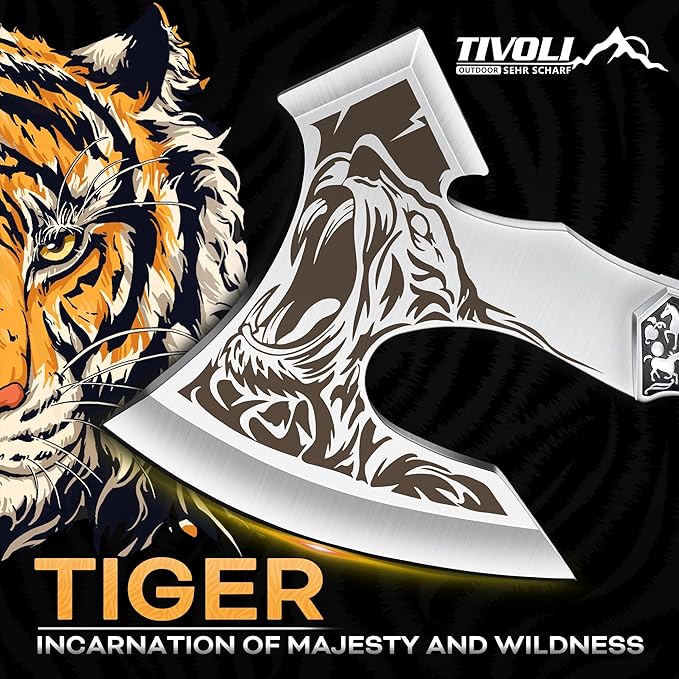 TIVOLI Camping Axe, Tiger - Patterned Survival Hatchet with Nylon Sheath, High Carbon Steel Blade Compact Outdoor Bushcraft Axe with Ergonomic Wood Grip, Camping Gear for Hiking, Chopping, Hunting