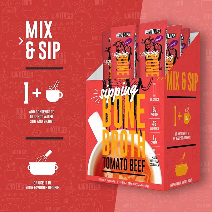 LonoLife Tomato Beef Bone Broth Powder Mix | Grass-Fed, 10g Protein | Collagen-Rich, Keto & Paleo Friendly | Natural Ingredients | 8oz Bulk Container (15 Servings)