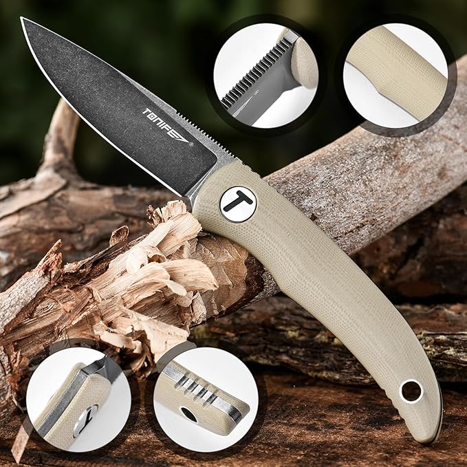 TONIFE Nova 2.68'' Blade Mini Neck Knife Full Tang Fixed Blade Knife with Kydex Sheath and Adjustable Paracord Lanyard for Camping Outdoor Survival Tool (Warm Sand+Black Oxide then Stonewash)