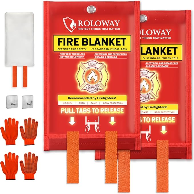 ROLOWAY Emergency Fire Blanket for Home and Kitchen, Fire Suppression Blanket (40 x 40 Inch) with Hooks, Gloves and Whistle for Home Safety (2 Pack)