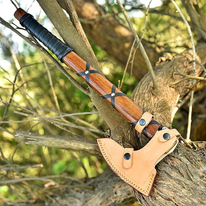 Viking Axe Ragnar Lothbrook Hunting Axes Rosewood Handle - High Carbon Steel Blade Sharp EDG Wood Working Hand Tool - Tomahawk Bearded Axes - Forged Outdoor Camping Tools Axe with Leather Cover