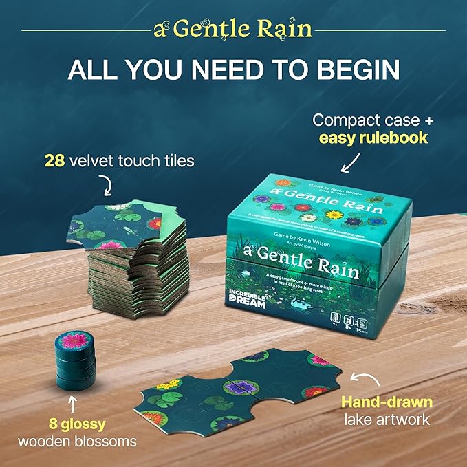 A Gentle Rain ??Calming Tile-Laying Puzzle Game ??Mindful Solo, 2-Player, or Cooperative Play in 15 Minutes ??Soft-Touch Tiles & Wooden Blossoms ??Compact, Giftable, Family-Friendly Board Game