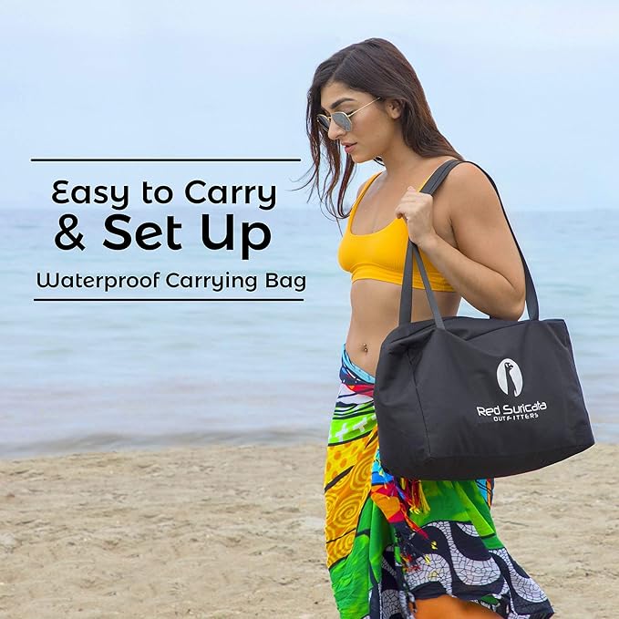 Red Suricata Family Beach Parasol - Sun Shade Canopy | UPF 50 UV Protection | Tent with 4 Aluminium Poles, 4 Pole Anchors, 4 Sandbag Anchors | Large & Portable Shelter Tarp