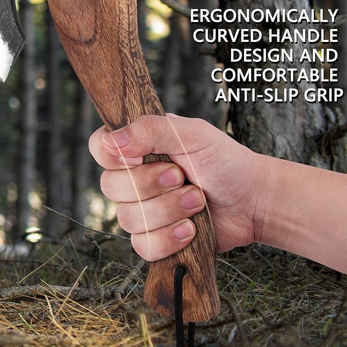 10.7 Inch Hatchet Axe, Camping Hatchet with 1065 High Carbon Steel and Leather Sheath, Bushcraft Hatchete for Chopping and Wood Splitting, Perfect for Outdoor Survival and Adventures