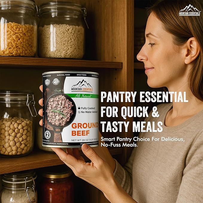 MOUNTAIN ESSENTIALS All Natural Canned Ground Beef 28 Oz – Fully Cooked, Ready to Eat Hamburger Meat – Pantry Staple for Everyday Meals, Emergency & Survival – 5-Year Shelf Life – Made in USA – 1 Pack