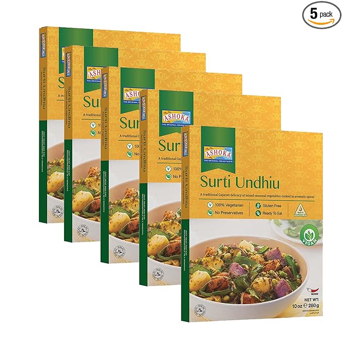 Ashoka Microwavable Meals 1932, Plant-Based Curry, Mixed Vegetables, All-Natural Entrees, Surti Undhiu, Kosher Certified, Traditional Indian Food, Gluten-Free & with No Preservatives, Pack of 5