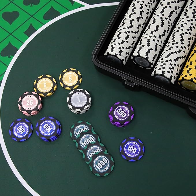 ORIENGEAR Poker Chip Set with Denominations 500 PCS with 14 Gram Numbered Clay Chips, Texas Hold?™em Casino Chip Sets with 2 Decks of Plastic Playing Cards, for Blackjack Gambling Games, Black Case