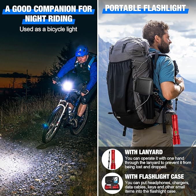 Flashlights High Lumens Rechargeable, Super Bright LED Powerful Flashlight, Type-C, 5 Modes, Zoomable, IPX5 Waterproof High Powered Tactical Flash Light for Emergency Camping,Red
