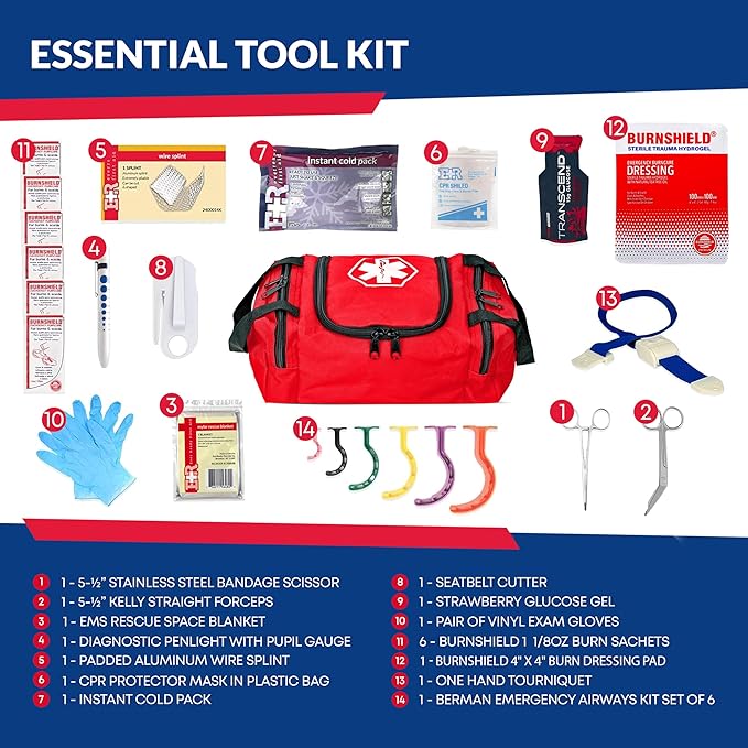Fully Stocked Trauma First Aid Kit ??First Responder II Bag with Tools, Gauze, Bandages, Scissors & Gloves ??Compact & Portable ??OSHA and ANSI Compliant ??Red
