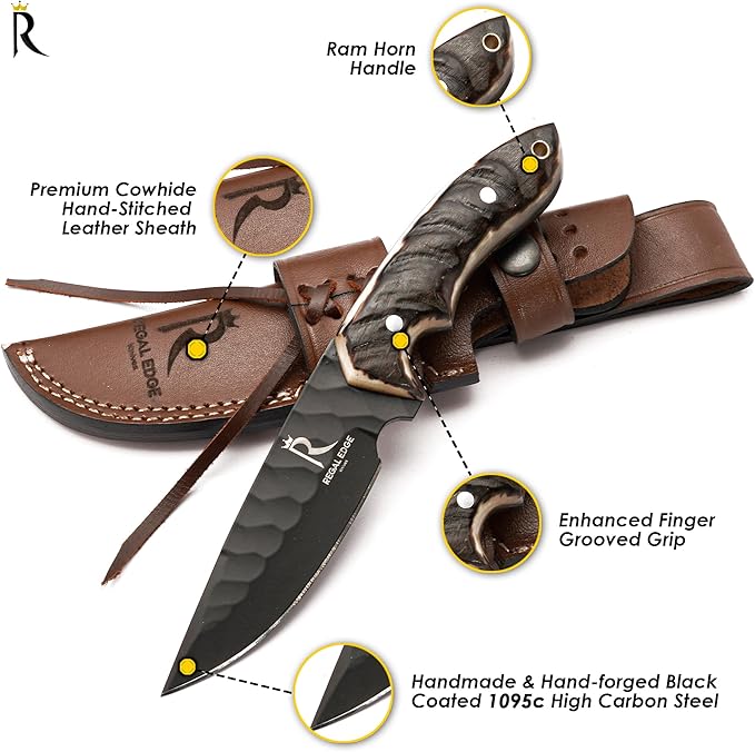 Fixed Blade Knife ??9" Black Coated Drop Point Hunting Knife With Leather Sheath - Full Tang 1095c High Carbon Steel - For Outdoor Use