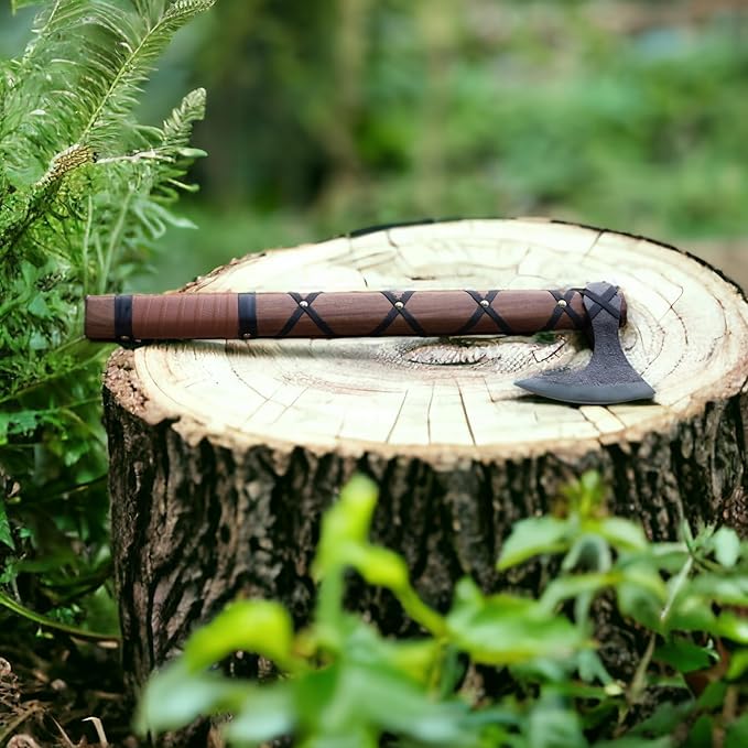 Custom Handmade Carbon Steel Viking Axe – 19” Inches Hand Forged Medieval Axe with Leather Sheath – Camping and Forest Hunting Hatchet – Gift for HIM (Brown Leather Ragnor)