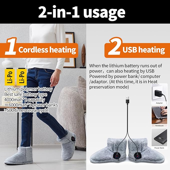 Rechargeable Walking Foot Warmer for Cold Feet, Cordless Graphene Heated Boots for Women Indoor, 4-8 Hours Heat, Washable & Removable, Electric Heated Slippers