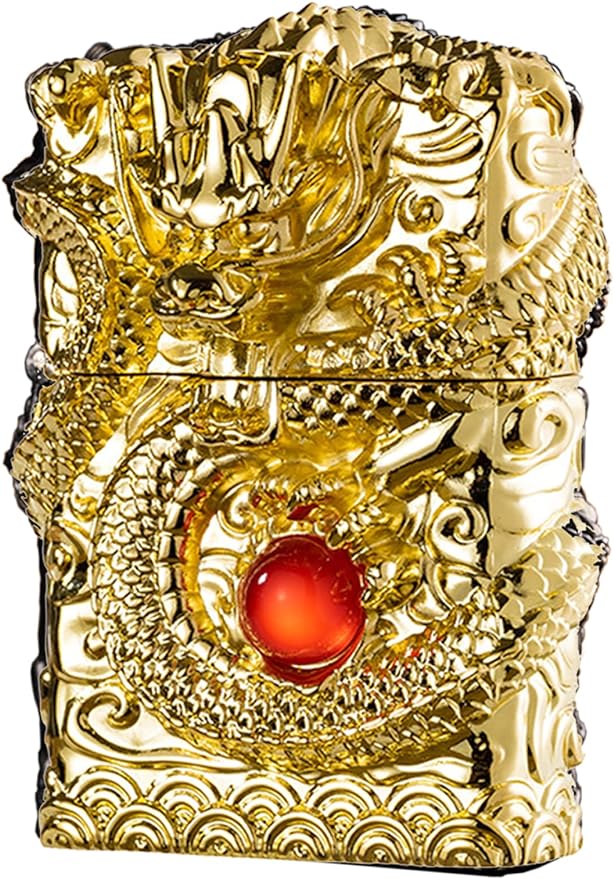Cool Lighters, Windproof Carving Dragon Antique Lighter, Reusable Kerosene Grinding Wheel Lighter for Collection, Decorative, Gift, Present (Without Fuel) (Gold)