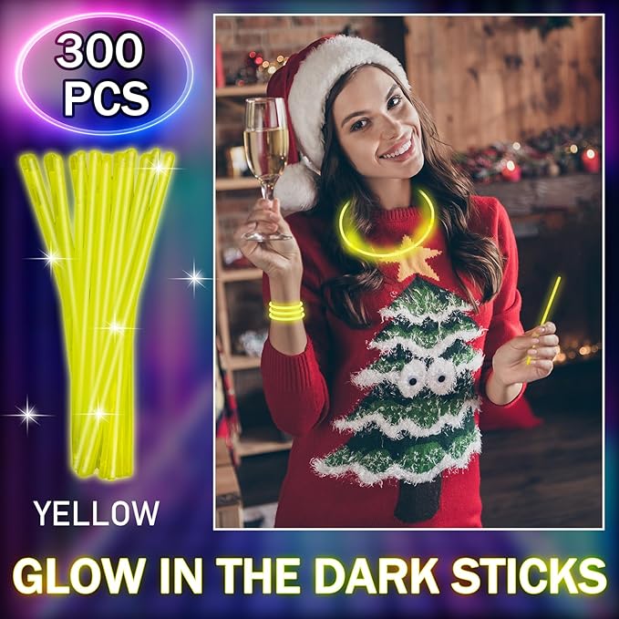 Hanaive 300 Pcs Glow Sticks Bulk 8 Inch Glow in The Dark Party Favors Neon Bracelets and Necklaces Light up Sticks with Connectors for Holiday Birthday Party Supplies(Yellow)