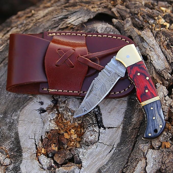 6.5 inch Damascus Pocket Knife with Sheath, Handmade Folding Pocket Knife for Men, Black-Red Wooden Handle with Brass Bolster, Secure Lock Back Camping Knife for EDC,Hunting,Hiking (Red)