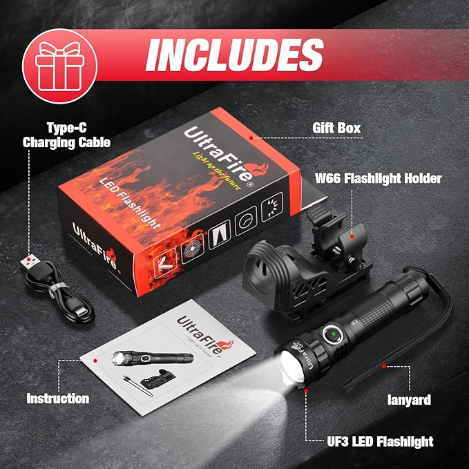 ULTRAFIRE Tactical Flashlight with Holster, 1200 High Lumen Police Flashlight with Holster for Duty Belt, Law Enforcement Flashlights with Belt Holder, Rechargeable Small LED Flash Light UF3