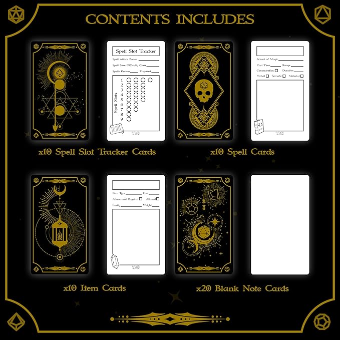 Citadel Black Tabletop RPG Accessory Card Set of 50 Cards ??D&D, Gold Foil - Spell Slot Tracker, Item, Spell, Blank Note Cards, for Dungeons and Dragons 5th Edition & Other Tabletop Games