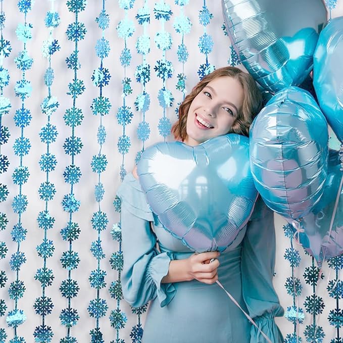 BRAVESHINE Blue Party Snowflake Backdrop - 2 Pack Hanging Foil Fringe Snow Flakes Party Streamers Curtain for Christmas Winter-Themed Frozen Birthday Baby Shower Holiday New Year Party Decorations