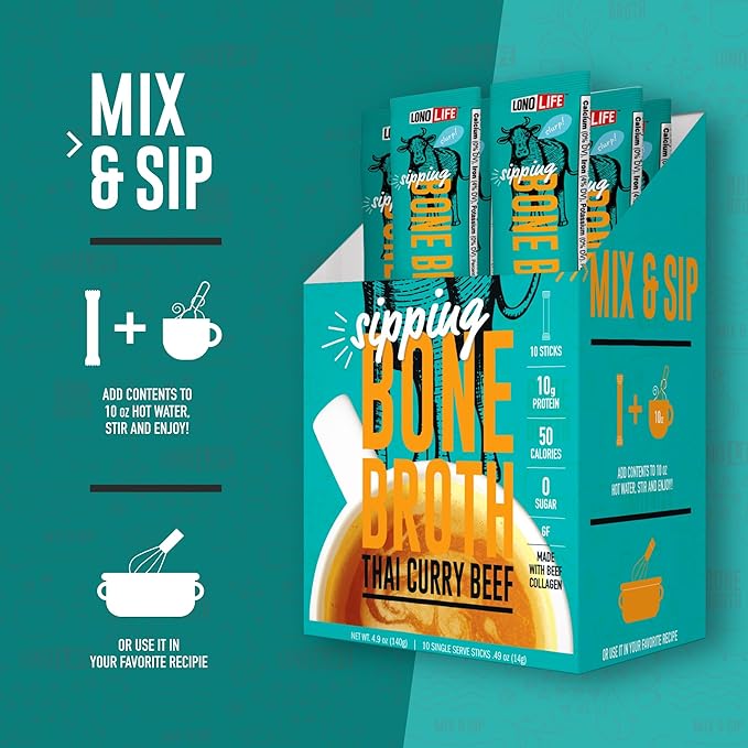 LonoLife Thai Curry Beef Bone Broth Powder Mix | Grass-Fed, 10g Protein | Collagen-Rich, Keto & Paleo Friendly | Natural Ingredients | 4 Portable Stick Pack Servings