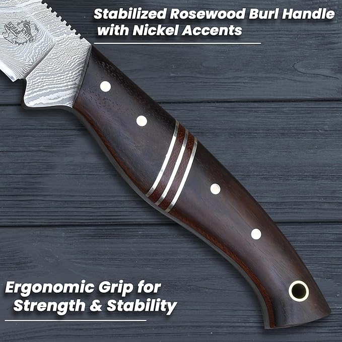 Knives Ranch Premium Hunting Knife - Handmade - 3/16" Full Tang Damascus Blade - Excellent Edge Retention - Rosewood Handle - Heavy-Duty Leather Sheath (3197-IRW)