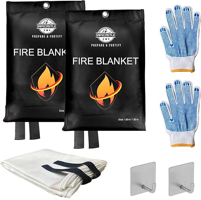 SAFECASTLE Emergency Fire Blanket 59"x59" Large Size, 2 Pack + 2 Hooks & 2 Gloves Fire Retardant Blanket with Fireproof Tabs for Home, Outdoor, Office, Car and Camping Fire Protection Survival Safety
